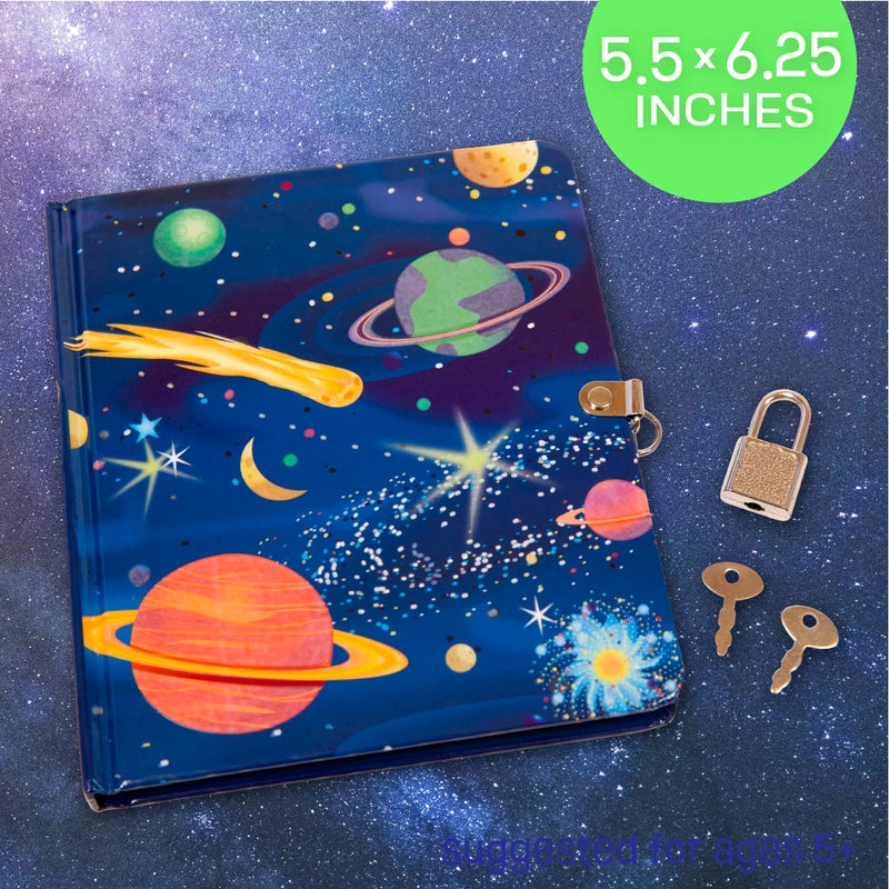 Peaceable Kingdom Deep Space Glow in the Dark 6.25" Lock and Key, Lined Page Diary for Kids - Image 5